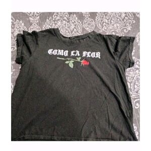 Black Graphic Tee with Rose Design